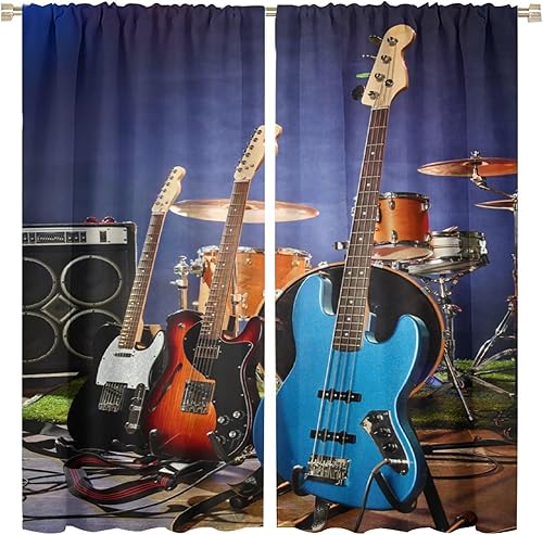 Miniatura 30 de Cortinas de música retro, notas musicales abstractas en blanco y negro, con bolsillo para barra, cortinas opacas para ventana para sala de estar,