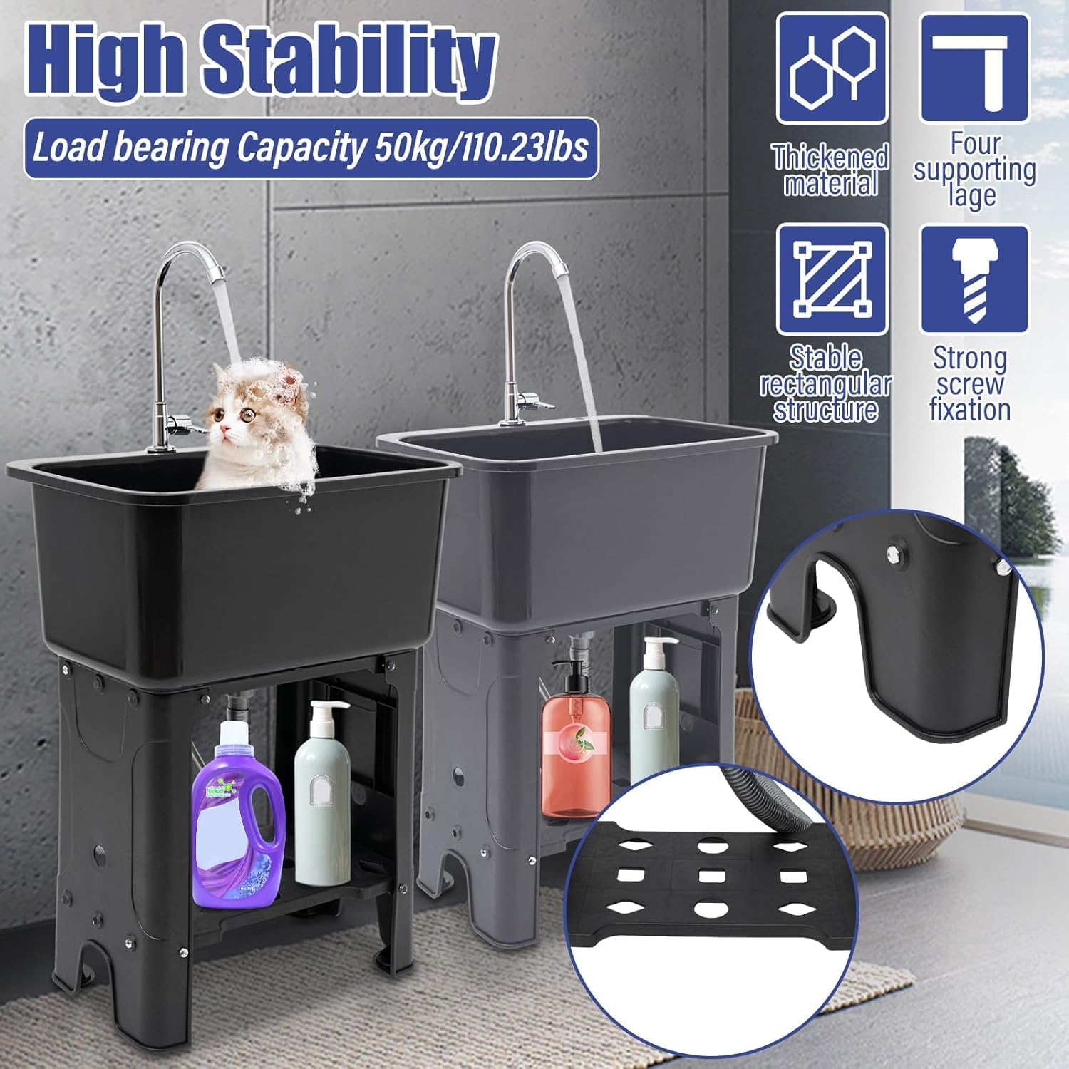 Laundry Sink with Washboard Freestanding Plastic Utility Sinks Outdoor Sink Laundry Tub Sink with Faucet Drain Storage Shelf Kit for Garage Basement Garden, 23.62 * 15.75 * 30.12in(Black)