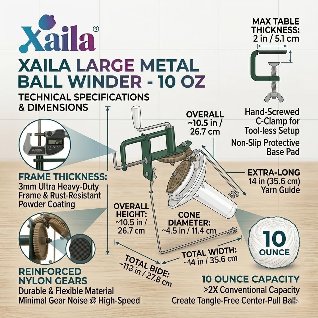 Xaila Manual Yarn Ball Winder – Replacement for Standard Hand Crank Winders, 10 oz Metal Yarn Winder for Crocheting & Knitting, Heavy Duty Portable Craft Tool