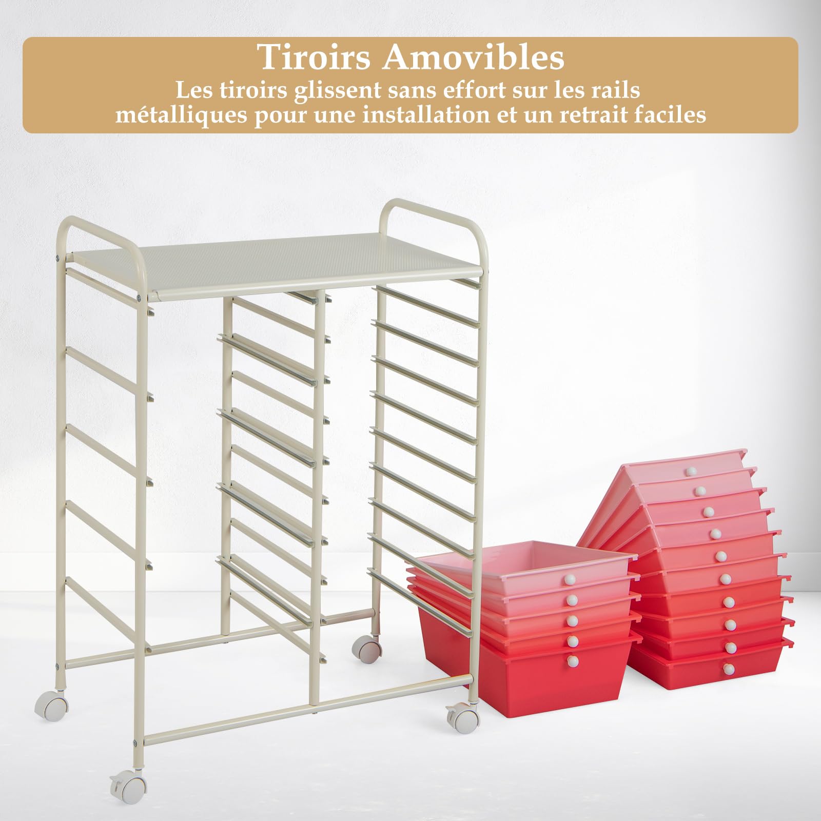 GOPLUS Desserte à roulettes avec 15 Tiroirs en Plastique Coulissant, Cadre Fer Blanc, 63x37x87CM, Chariot de Rangement à roulettes, 2 avec Frein, Poignée Latéral, pour Chambre, Bureau (Rose Dégradé)