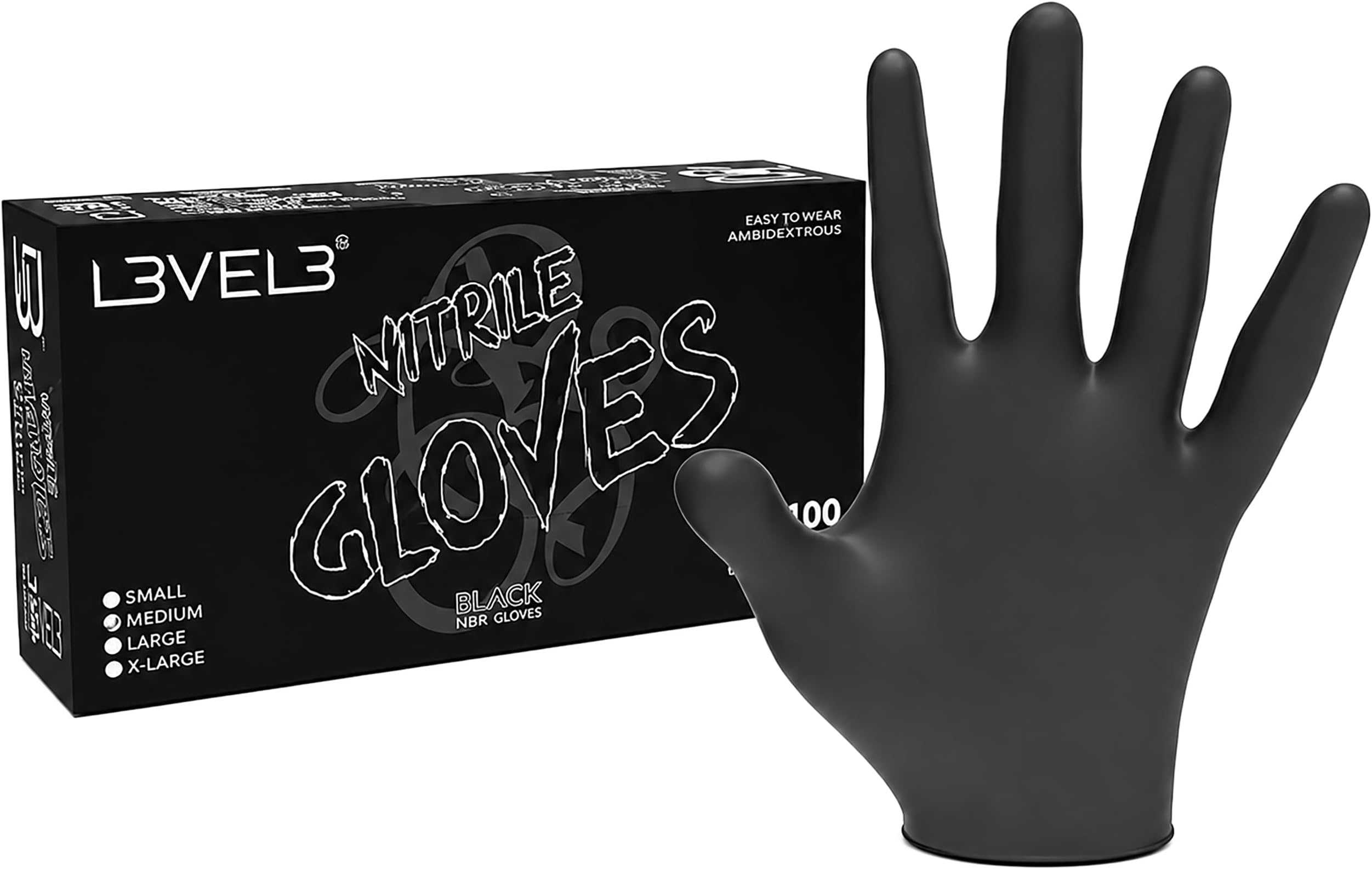 L3VEL3 Black Nitrile Gloves - Delivers Outstanding Protection - Puncture and Chemical Resistant - Touchscreen Compatible - Made of Synthetic Rubber - Provides Optimal Flexibility - Size L - 100 pc