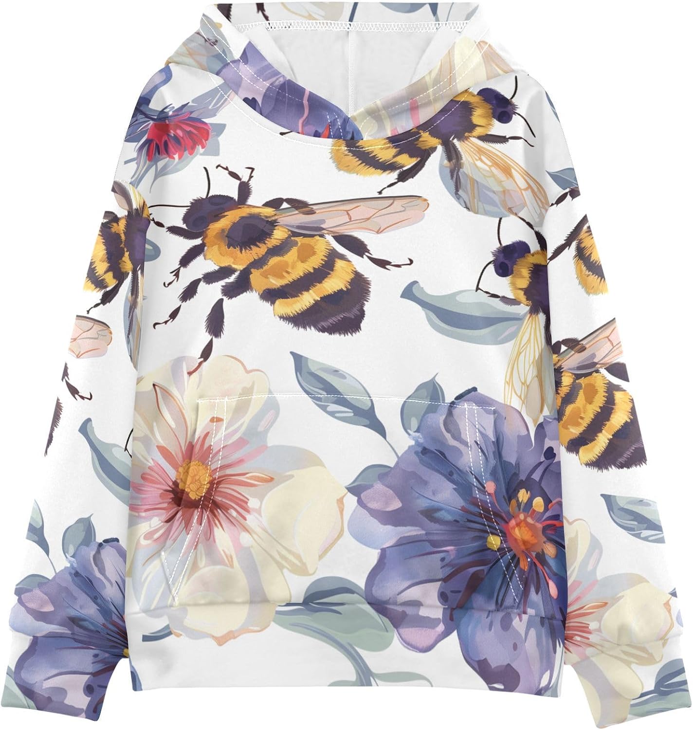 ZZXXB Lovely Bee Flowers Kids Sweatshirts Boys Girls Hooded Kangaroo Pocket Pullover Tops XS-XXL