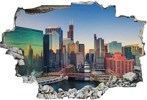 Miniatura 2 de Calcomanías de pared rotas 3D de Chicago, Illinois, Estados Unidos, paisaje urbano de 36 x 24 pulgadas, vinilo de pared extraíble, despegar y pegar,