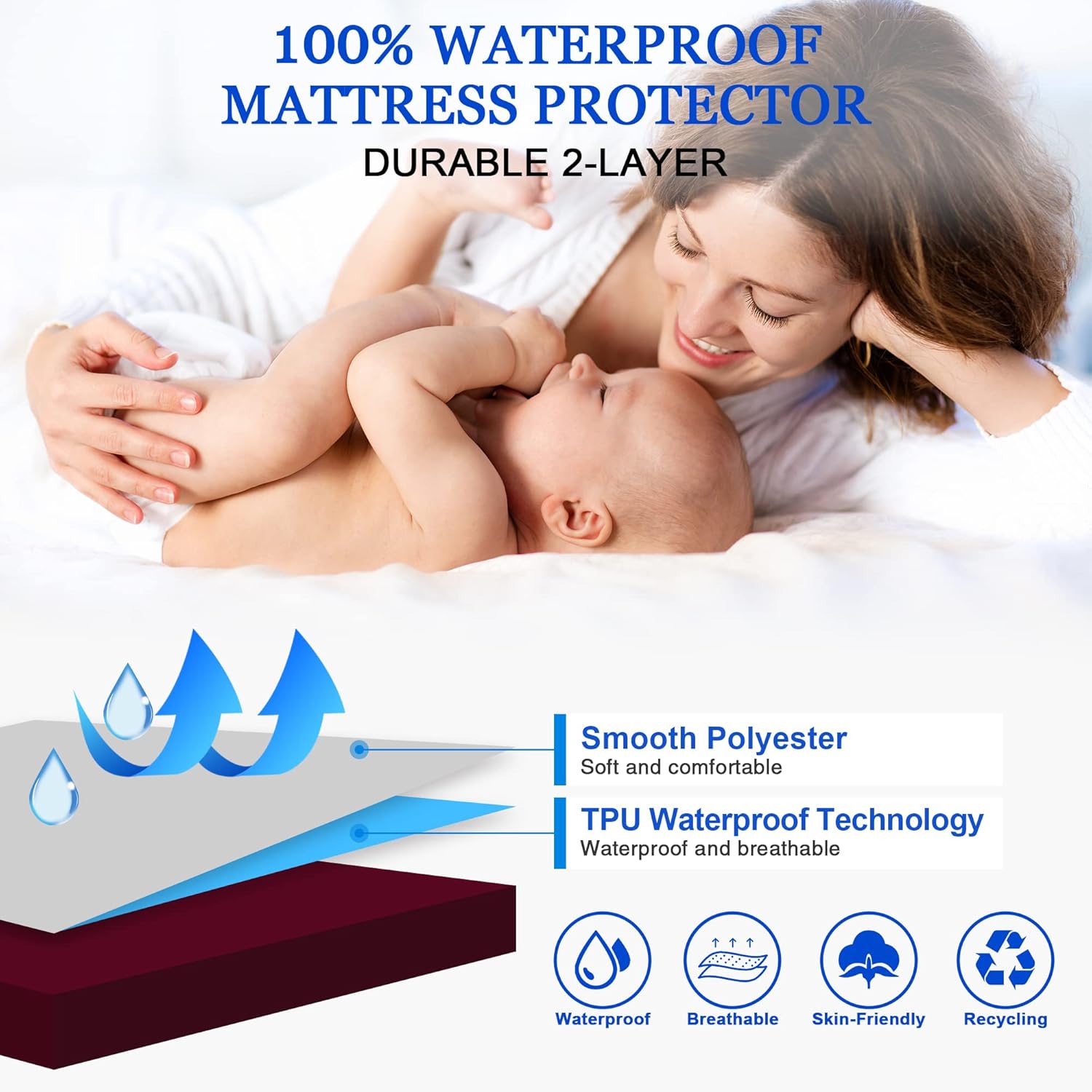 Sufdari King Size Mattress Protector,Waterproof Mattress Cover,18" Deep Pocket Mattress Protector,Dust Proof Bed Protector for Dogs/Cats/Pets/Kids-Dark red,King