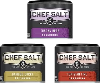 CHEF SALT Set of 3 Shaker Jars: Tuscan Herb 2.5oz, Tunisian Fire 3oz, Bamboo Curry 2.6oz - Variety Pack of Salts
