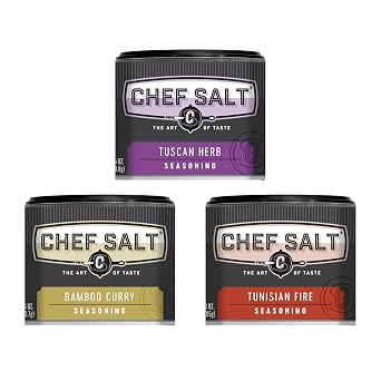 CHEF SALT Set of 3 Shaker Jars Tuscan Herb 2.5oz, Tunisian Fire 3oz, Bamboo Curry 2.6oz - Variety Pack of Salts