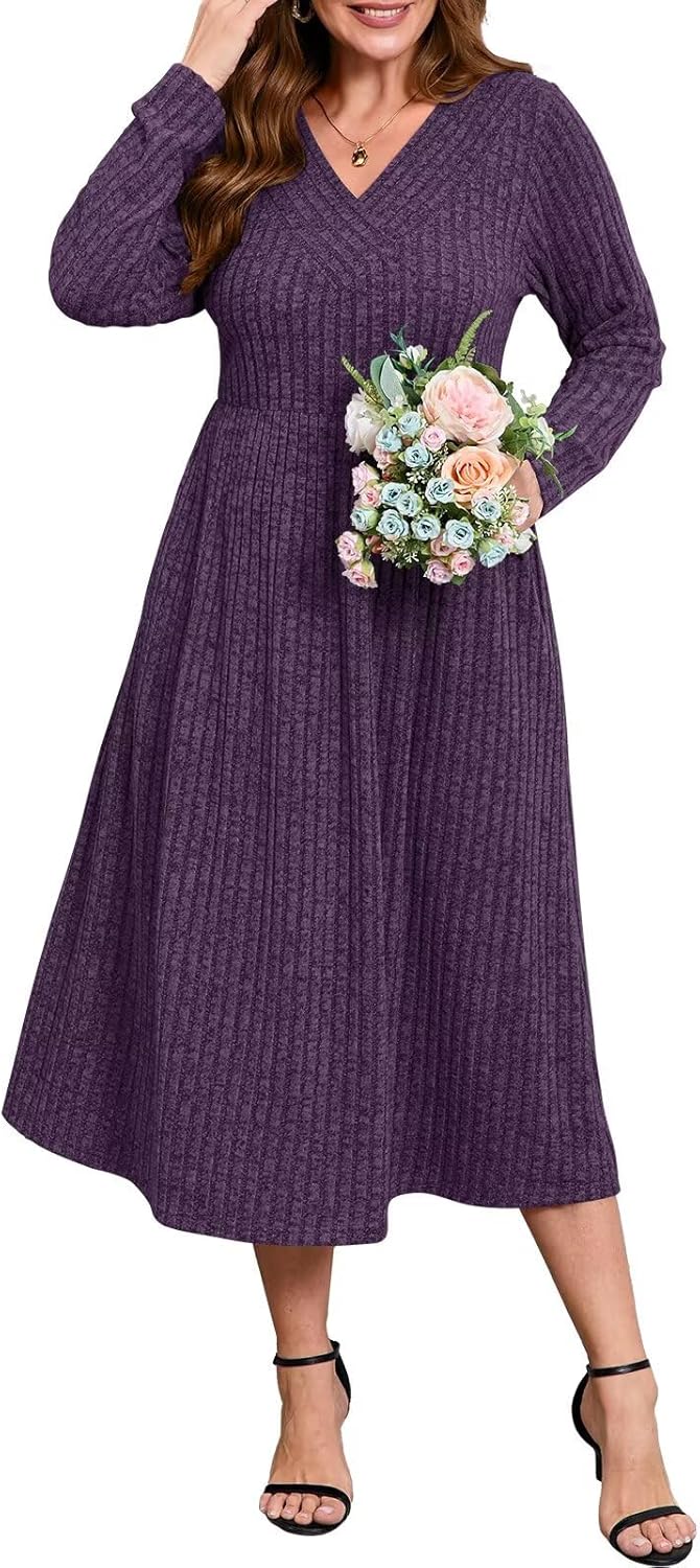 BELAROI Plus Size Maxi Sweater Dresses for Curvy Women Long Sleeve Midi Fall Winter V Neck