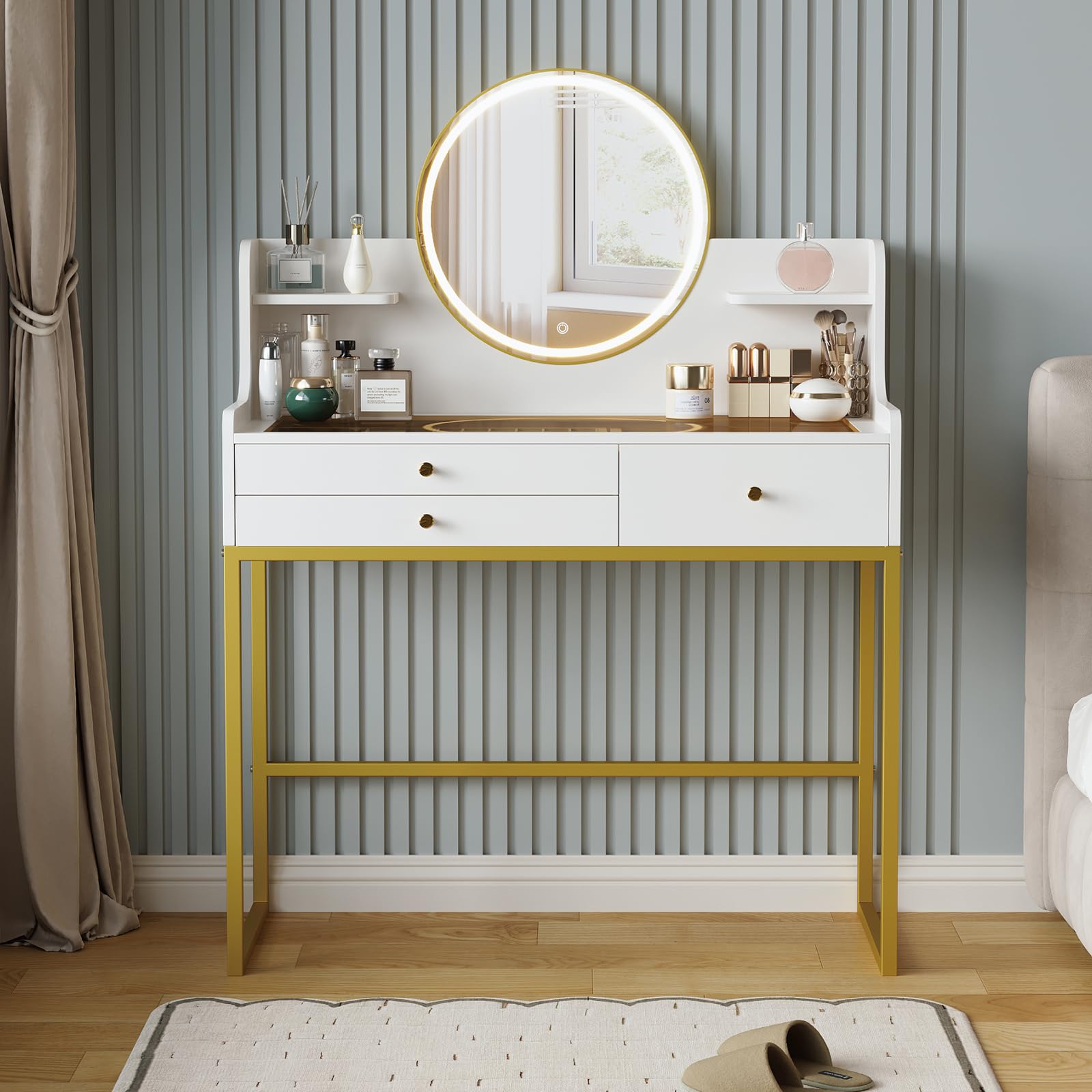 DELUXE LIVING Makeup Vanity Desk with Mirror and Lights, Glass Top Vanity Desk with 3 Drawers & 2 Storage Shelves, Bedroom Dressing Table with Power Outlet, 3 Lighting Mode, White