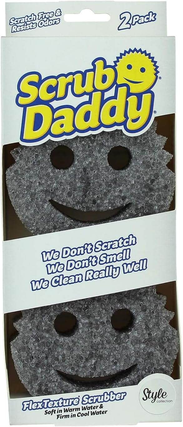 Scrub Daddy Style Smiley Scouring Sponge, Anti-Scratch Washable Reusable Antibacterial Sponges, Flextexture, Dish Sponge for Household, Kitchen and Bathroom, Grey, Pack of 2