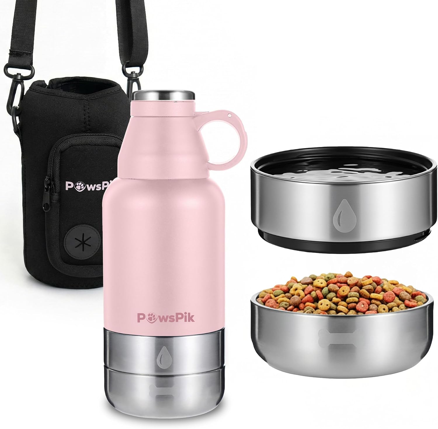 PawsPik 3-in-1 Travel Dog Water Bottle & Bowl Set, 32oz, Pink | Stainless Steel Vacuum-Insulated Bottle with Detachable Food & Water Bowls, Leak-Proof, Keeps Water Cold 12hrs/Hot 6hrs