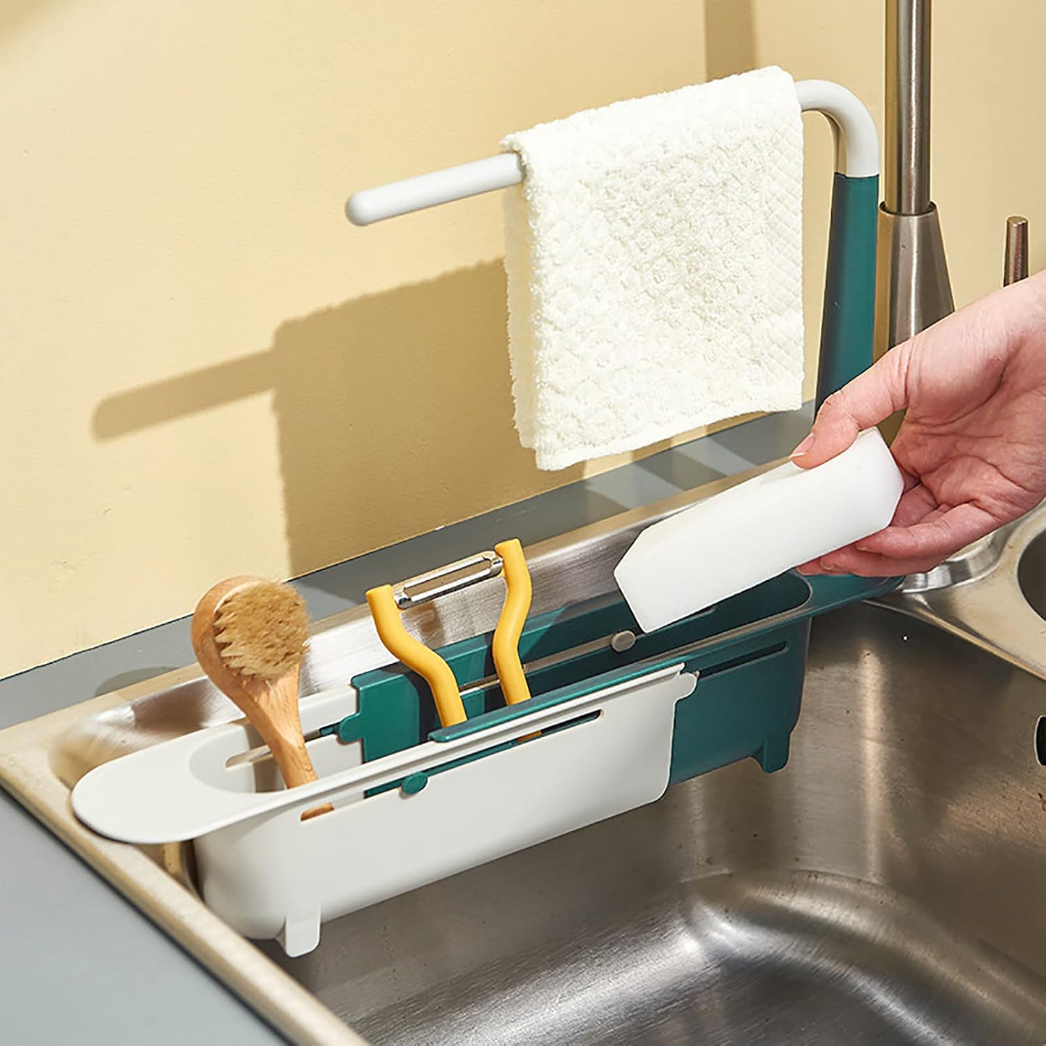 Telescopic Sink Rack Sponge Holder,Sink Organizer Expandable Sink Organizer Adjustable Drainer Sink Tray Sponge Soap Holder, Sink Organizer Holder Dish Cloth Hanger for Home Kitchen (Green)