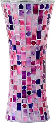 11.6" H Purple Red Mosaic Vase, Exquisite Handmade Craftsmanship Tall Glass Vase, Modern Hourglass Art Centerpiece with Dreamy Geometric Pattern for Home & Office Decor, Unique Gift