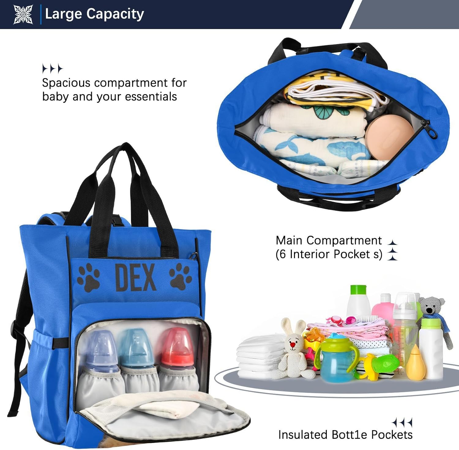 Emelivor Custom Navy Blue Diaper Bag Dog Backpack Large Capacity Travel Diaper Bags Travel Diaper Bag Backpack with Stroller Straps for Newborn Essentials
