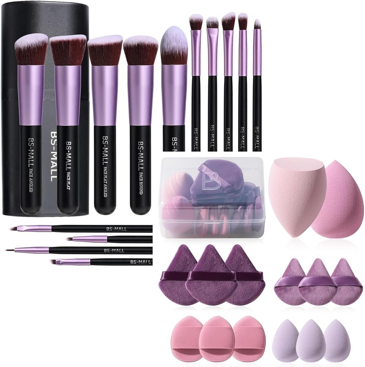 BS-MALL Brochas de maquillaje Base sintética en polvo Correctores Sombras de ojos con juego de 14 esponjas de maquillaje