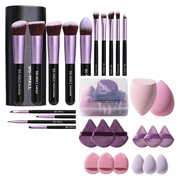 BS-MALL Makeup Brushes Premium Synthetic Foundation Powder Concealers Eye Shadows with 14 Makeup Sponge Set