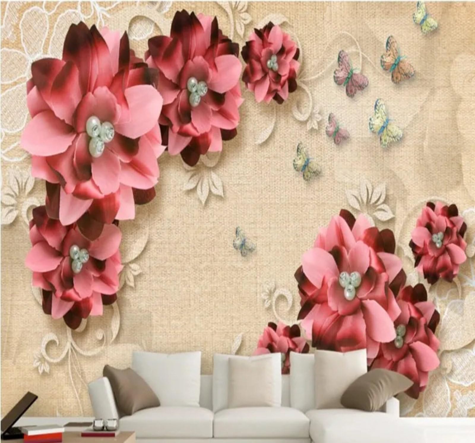 Vintage Jewellery Beautiful Flowers Butterflies 3D Wallpaper Easy Install Feature Office Living Room Sofa Bedroom TV Background Wall Decoration-250cm×170cm