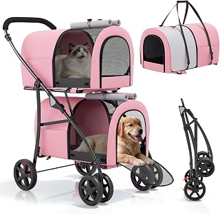 Magshion Double Pet Strollers for 2 Dogs & Cats, Pink | 2 Detachable Carrier Bags, Safety Tethers, Lockable Wheels, Foldable Two-Seater Pet Travel Strolling Cart