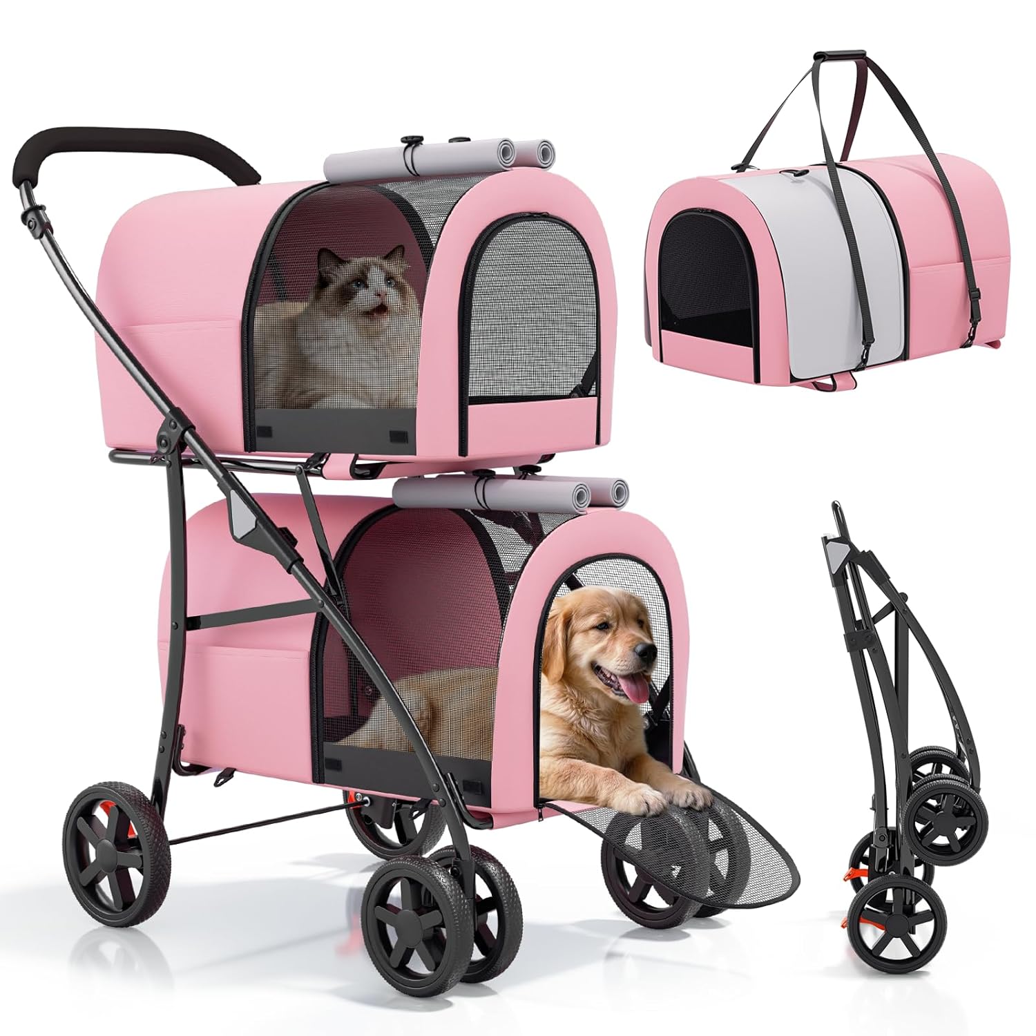 Magshion Double Dog Stroller with 2 Detachable Carrier Bags, 4-Wheel Folding Pet Travel Strolling Cart with Storage Pocket for Small-Medium Dogs & Cats Puppy, Pink Gray, Pink