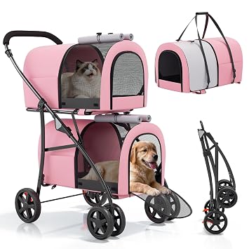 Magshion Double Pet Strollers for 2 Dogs & Cats, Pink