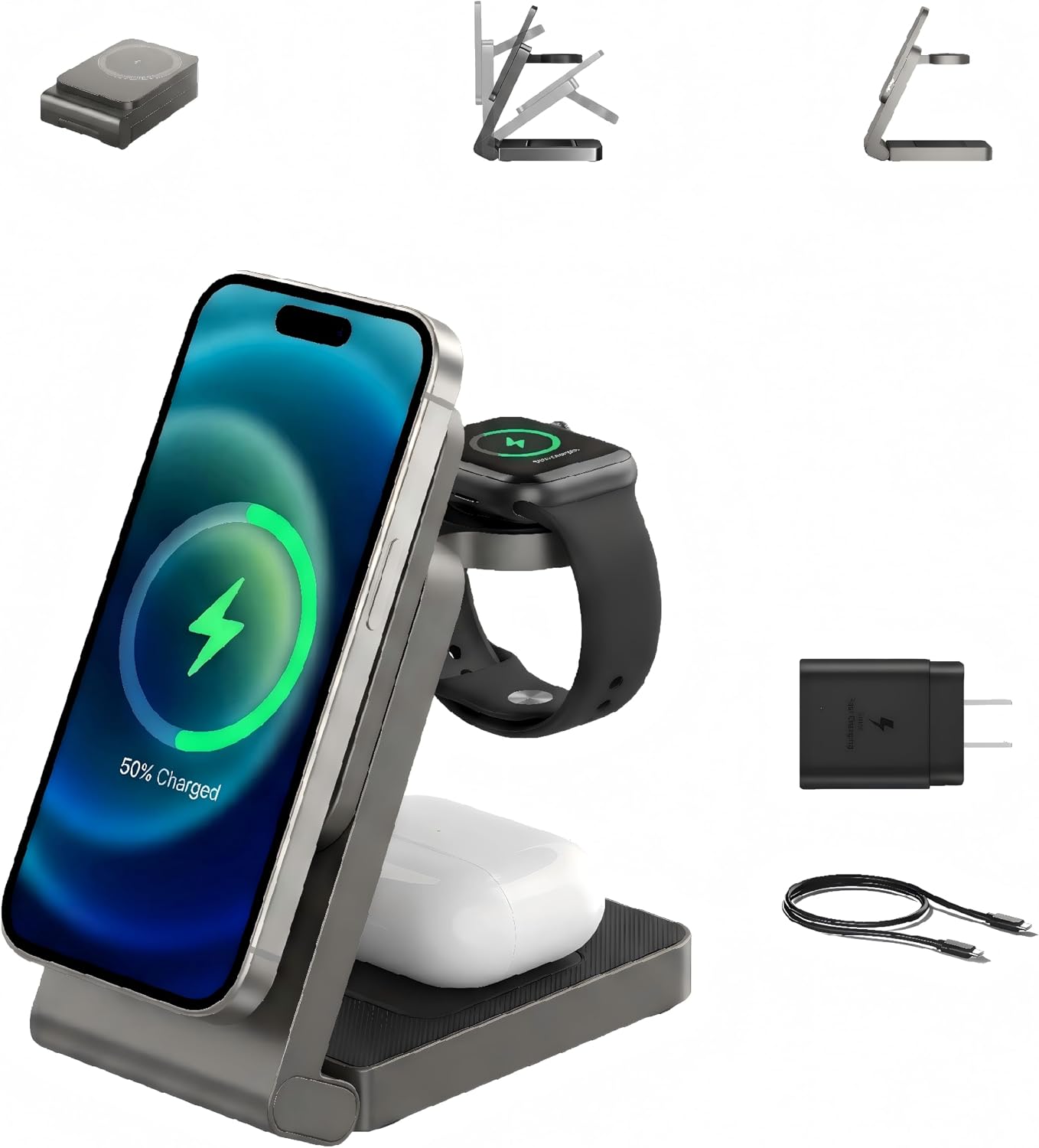 3 in 1 Charging Station for Apple,Wireless Foldable Mag-Safe Charger