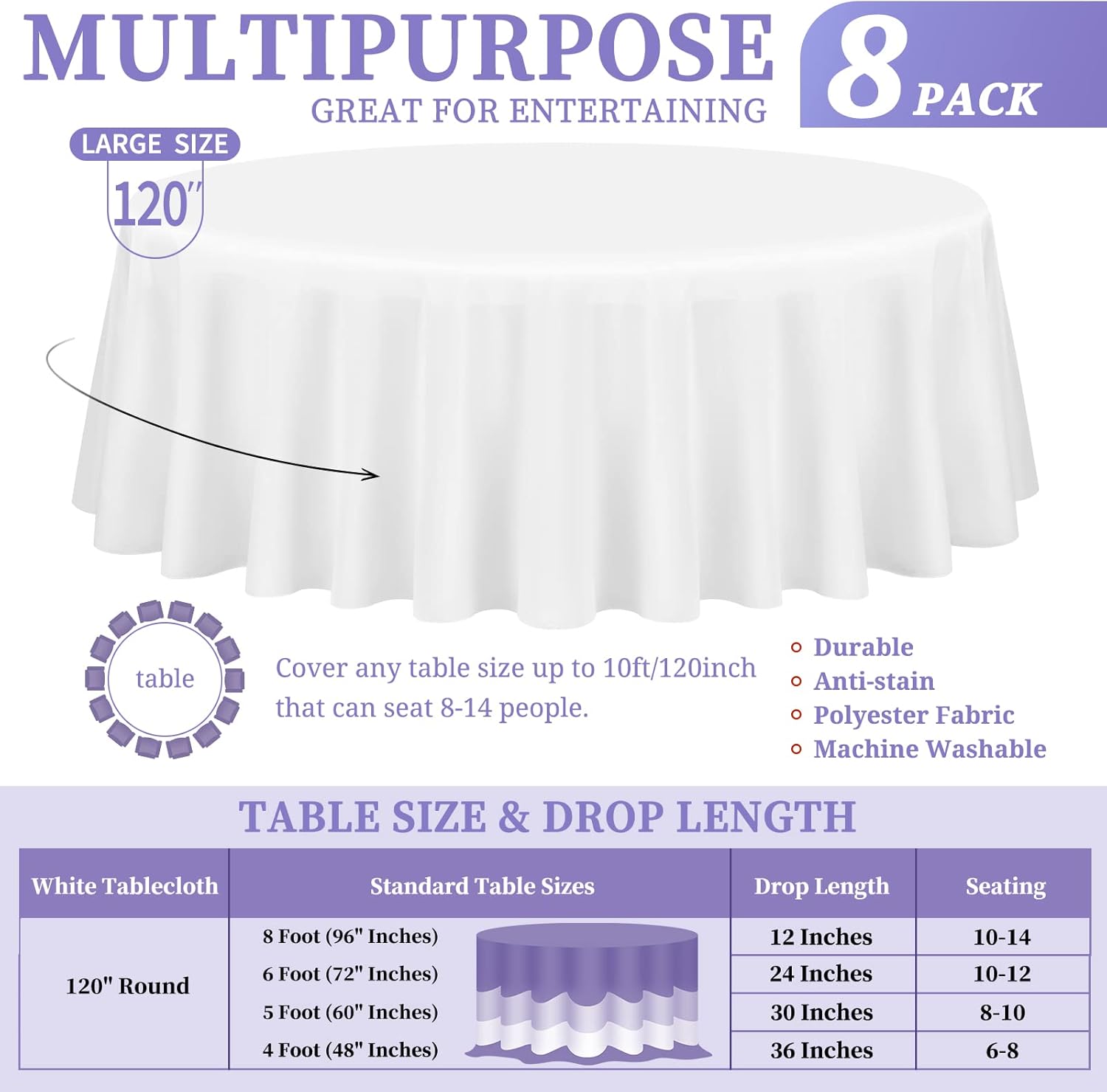Showgeous 8 Pack White Round Tablecloth 120 Inch Polyester Table Cloth for Tables - Washable Decorative Fabric Covers for Wedding, Dining, Party, Banquet, Buffet