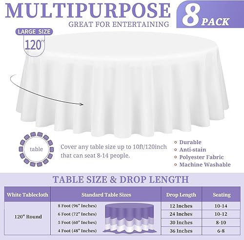 Miniatura 409 de Paquete de 8 manteles redondos blancos de 90 pulgadas, manteles redondos de poliéster lavables para mesa de tela decorativa resistente a