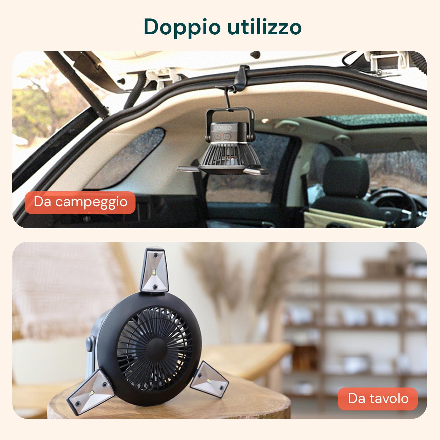 Wintem Ventilatore da Esterno con Comode Luci LED Integrate e Ricarica Solare o USB 4W - 5V con 4 Velocità per Adattarsi ad Ogni Esigenza - Lunga Durata Fino a 25 Ore di Autonomia - 23cm