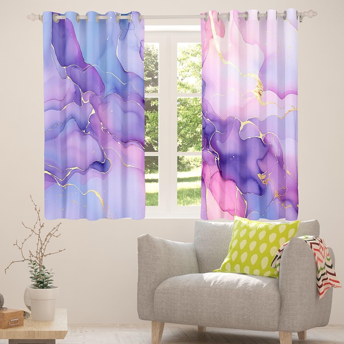 Pink Marble Curtains,Purple Watercolor Window Curtains for Boys Girls Teens,Luxury Abstract Window Treatment Curtains Home Decor,Marble Art Darkening Drapes for Living Room Bedroom,42Wx63L