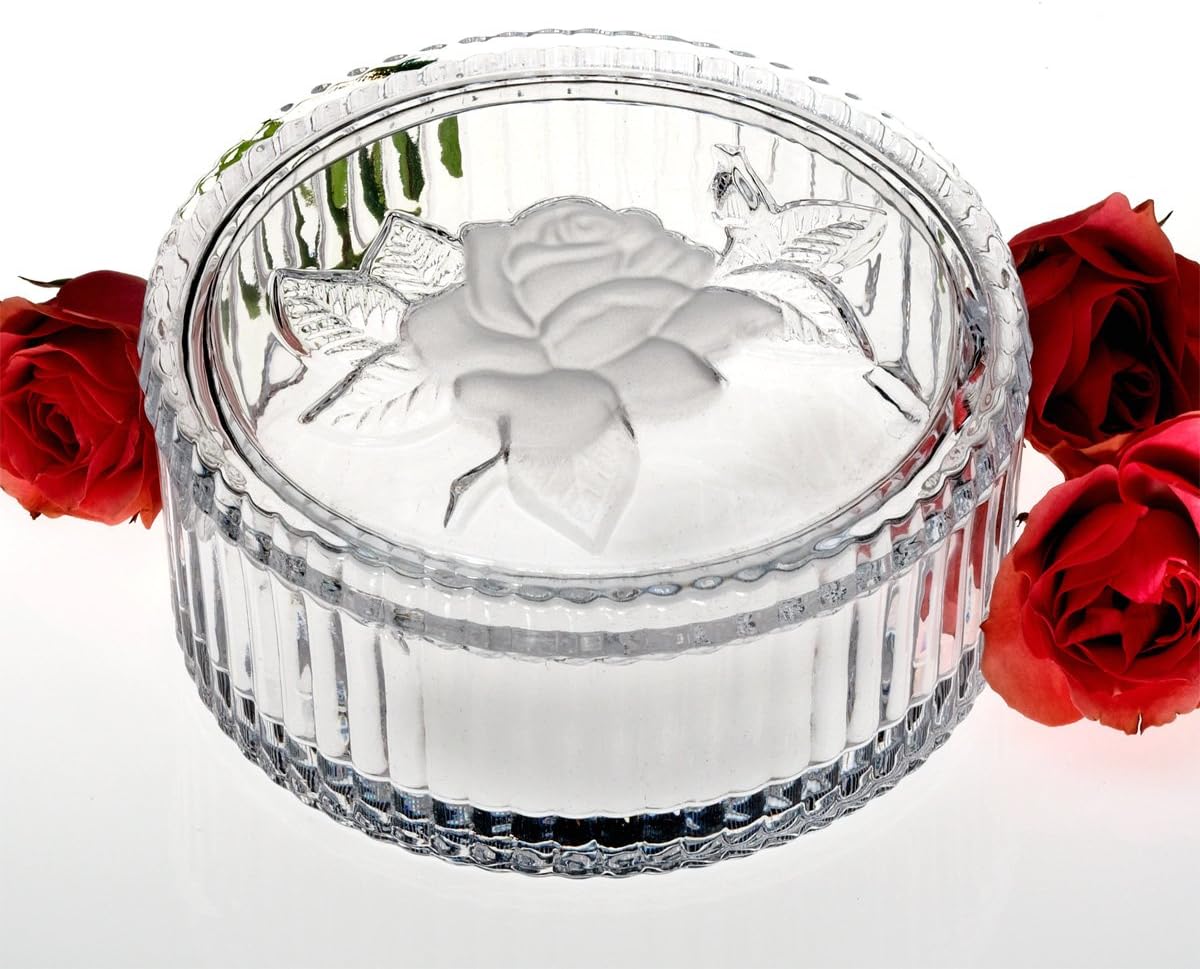 StudioSilversmiths 43635 Crystal Box With Frosted Rose Design Cover Candy Dish