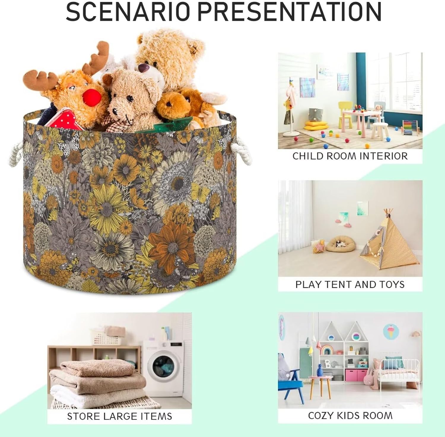Retro Sunflower Print Round Storage Basket Daisy Floral Butterfly Large Laundry Hamper Boho Flower 20" x 20" x 14" Organizer Bin with Handles Clothes Storage Bag for Nursery Bedroom Living Room Decor