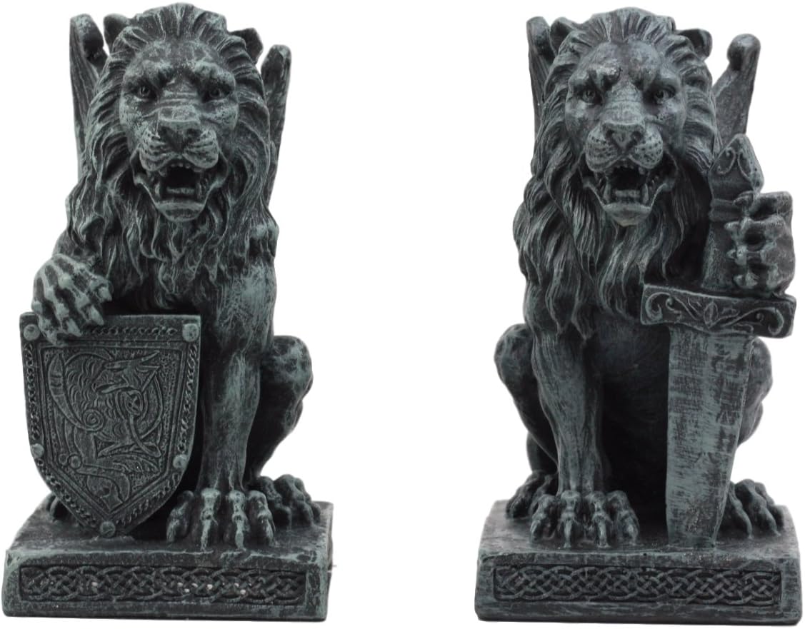 Ebros Gift Stoic Notre Dame Roaring Lion Heart Sword and Shield Bearer Gargoyle On Pedestal Figurine Collectible 6" H (Both)