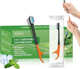 40Pack Disposable Toothbrush with Pre-Pasted Toothpaste 5-in-1 Mini Travel Toothbrush Deep Clean with Toothpick, Flosser, Tongue Scraper for Superior Oral Hygiene, Individually Wrapped