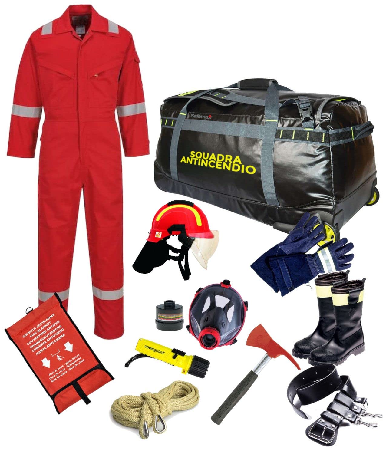 Kit safemax con D.P.I. per addetto antincendio con attrezzatura indispensabile per emergenza (trolley impermeabile)