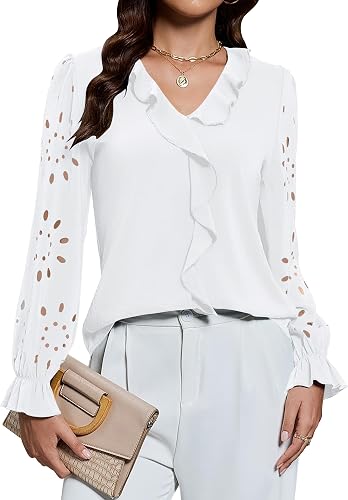 Blooming Jelly Womens Dressy Casual Blouses Business Work Outfits Eyelet Long Sl