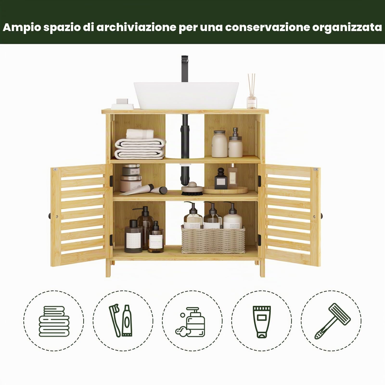 EUGAD Mobile da Bagno Sotto lavabo, Mobile da Bagno in Bambù con 2 Porte Griglia Magnetiche e 1 Scomparto Aperto, con Ripiano Regolabile, 60x30x60cm