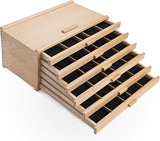 Falling in Art Wooden Pastel Storage Box, Artist Supply Storage Box With 6 Removable Drawer, Portable Organizer Box for Pencils, Markers, Brushes and Painting Tools