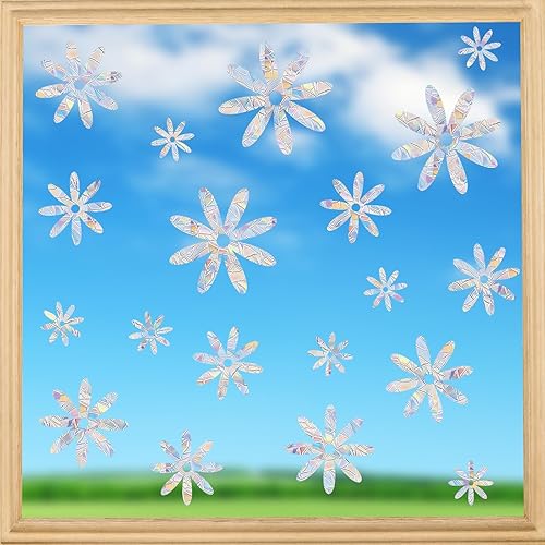 Vista 5 de AnyDesign 38 calcomanías para ventana de flores pequeñas, diseño de margaritas, anticolisión, estáticas, arcoíris, autoadhesivas, vinilo prismático