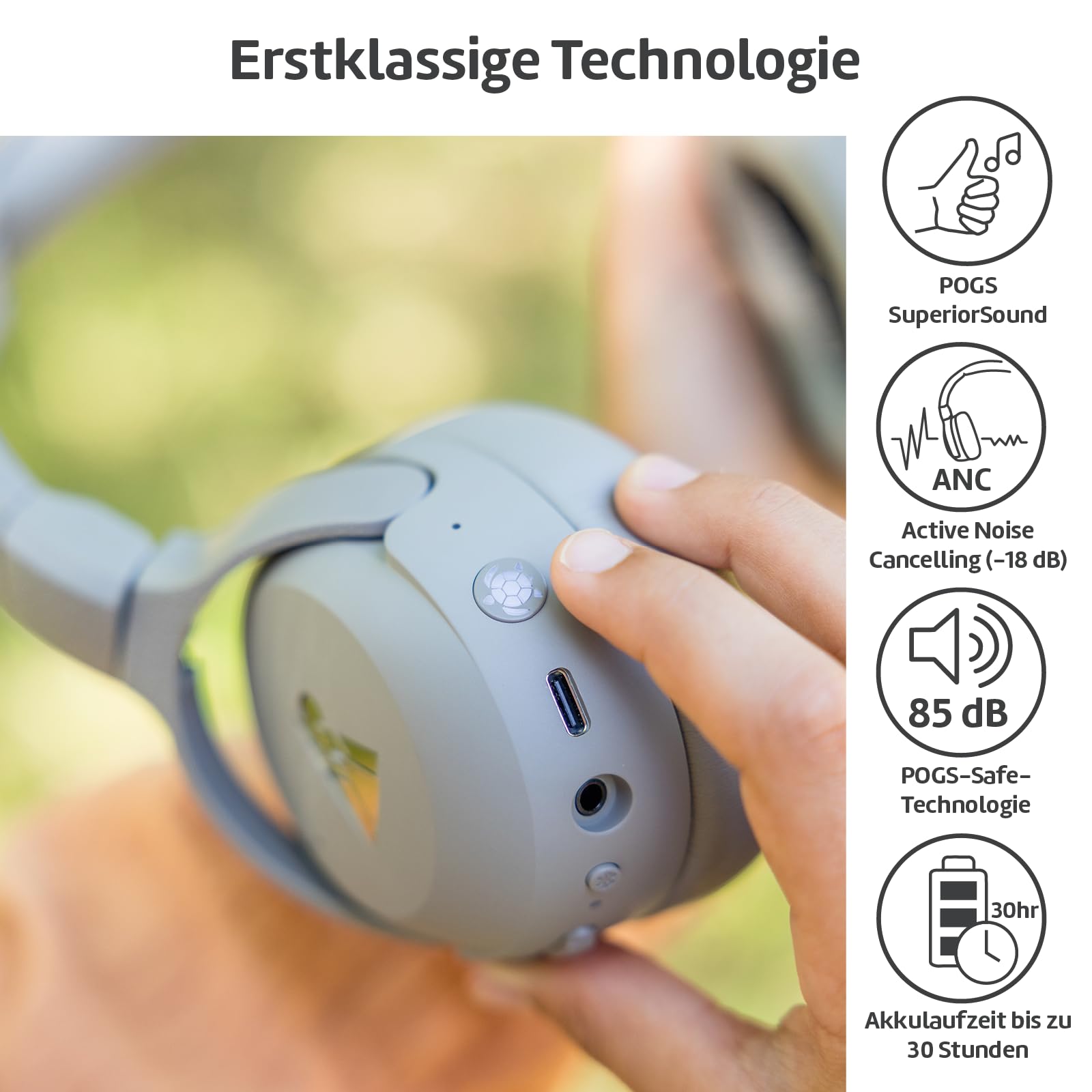 POGS Drahtloser Bluetooth Over-Ear Noise Cancelling-Kopfhörer | The Turtle | Faltbarer robuster Kopfhörer | Lautstärkebegrenzung 85 dB, Mikrofon | Kabellose Musik-Sharing-Funktion (rGrau)