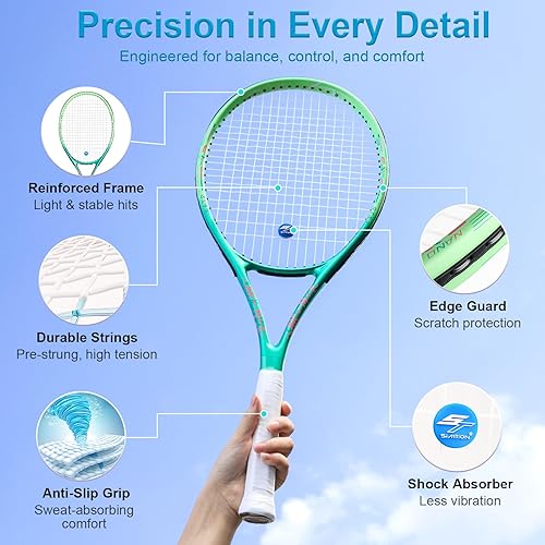 Miniatura 3 de Juego de raquetas de tenis de 27 pulgadas, raquetas de tenis preencordadas para 2 jugadores para adultos, 2 cintas de sobreagarre, 3 pelotas, 2