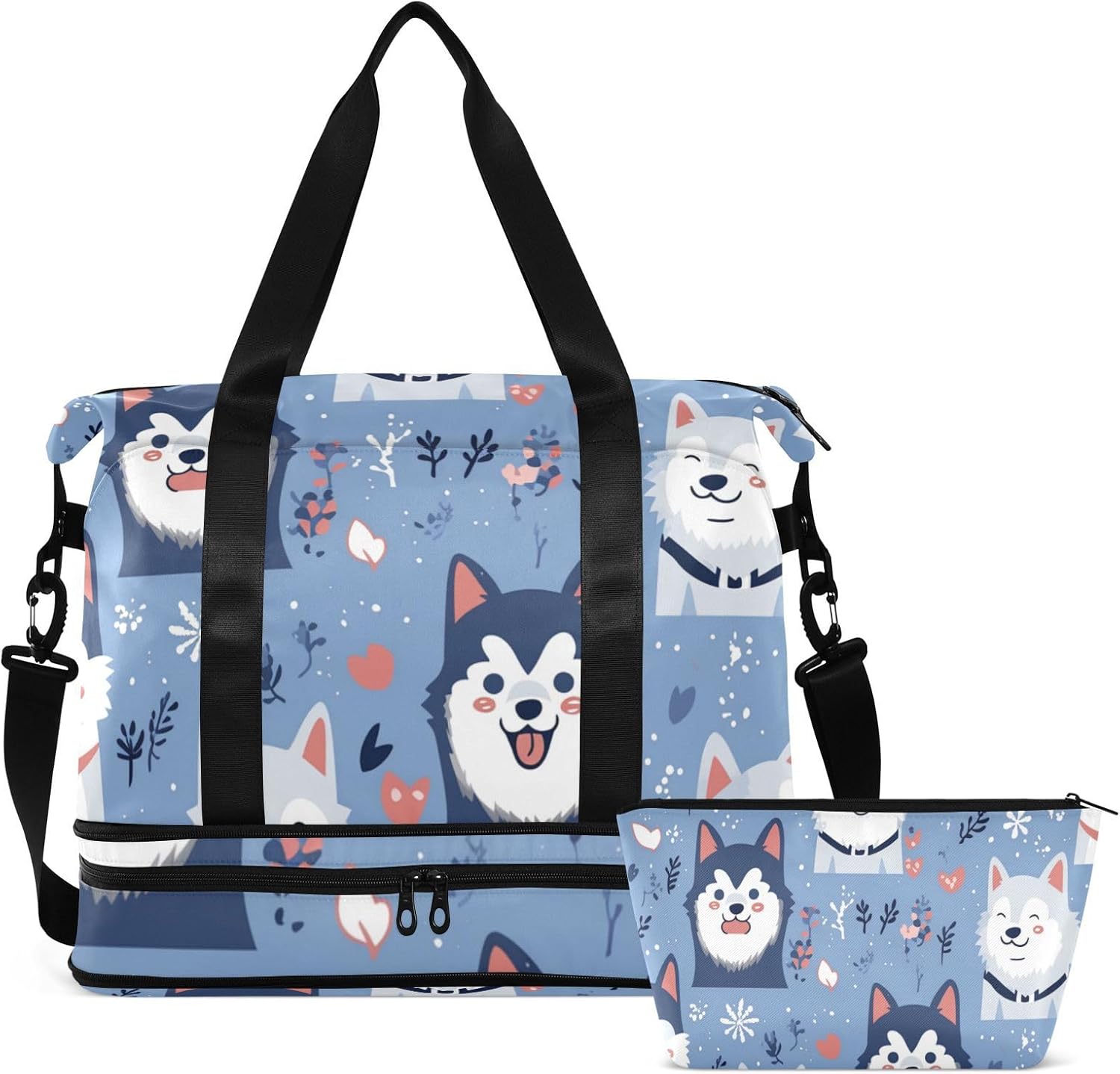 Simple Cute Dogs Blue Sports Tote Gym Bag Carry On Personal Item Bag with Adjustable Strap for Workout Large Capacity