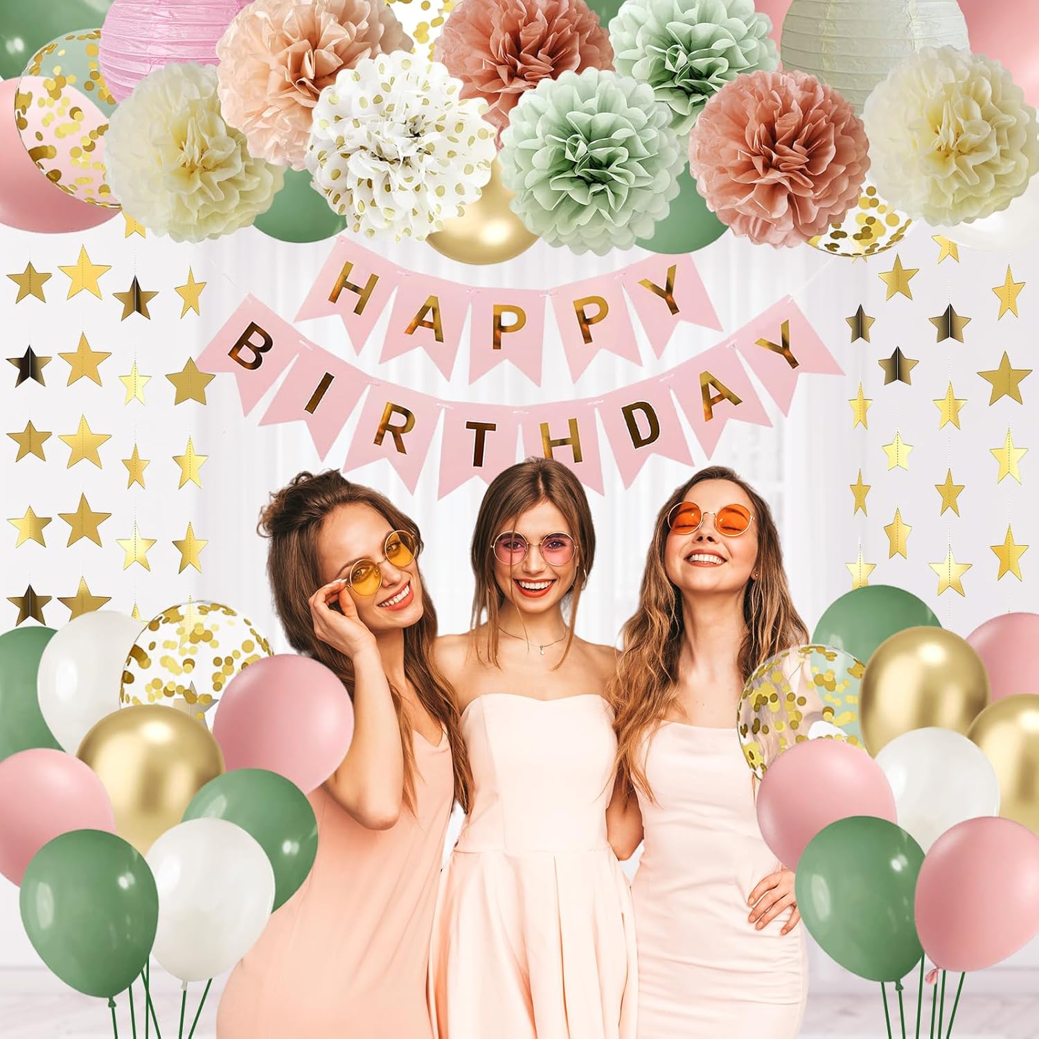 Dusty Pink and Sage Green Birthday Party Decorations Dusty Pink Sage Green Balloons Happy Birthday Banner Star Garland Paper Pom Poms Paper Lanterns for Women Birthday Party Decorations - Image 6