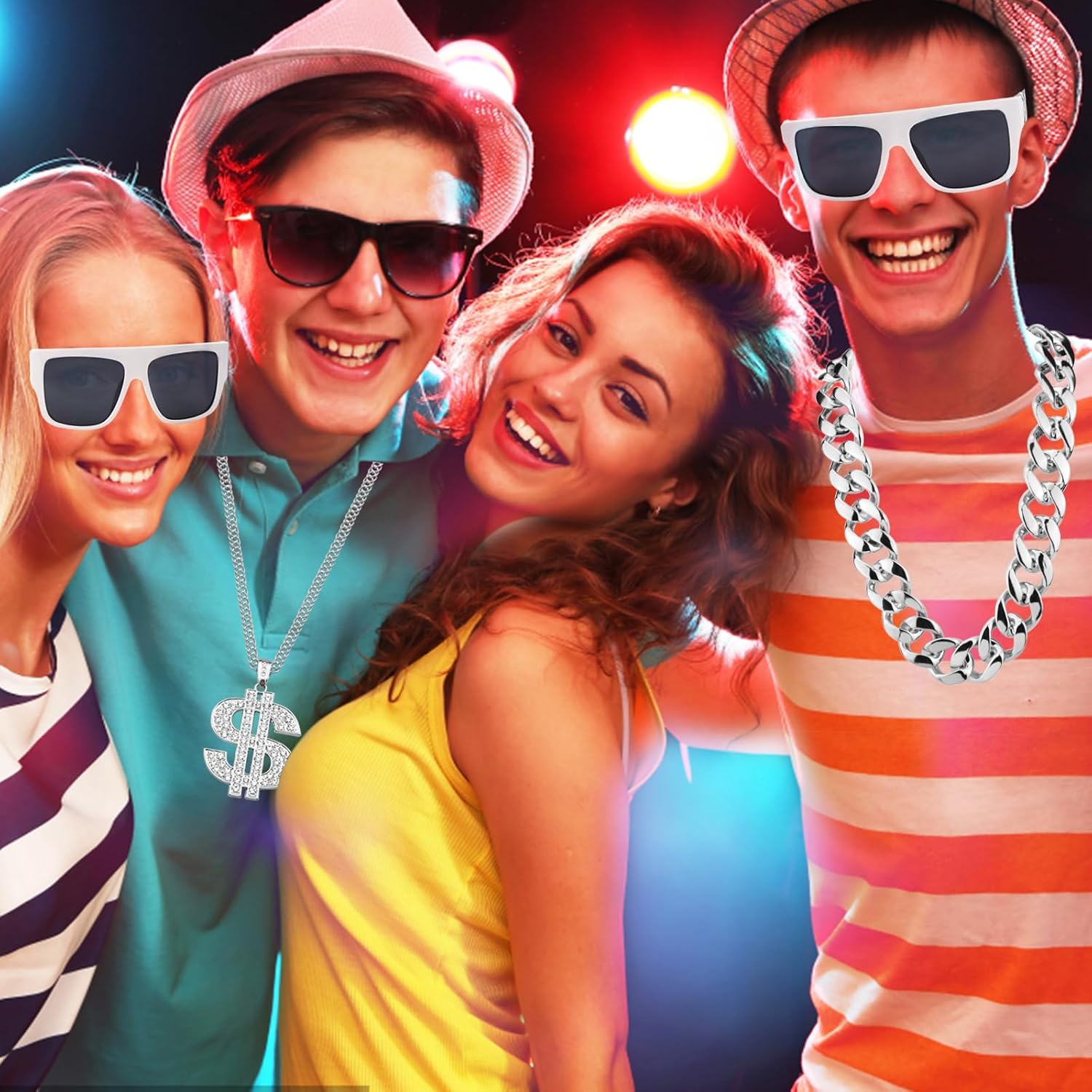 4 Pack 80s 90s Hip Hop Costumes Outfit, Fake Gold Chain Money Chain, Twist Leg Punk Sunglasses, Dollar Sign Finger Ring for Men Women Rapper Accessories (Silver)