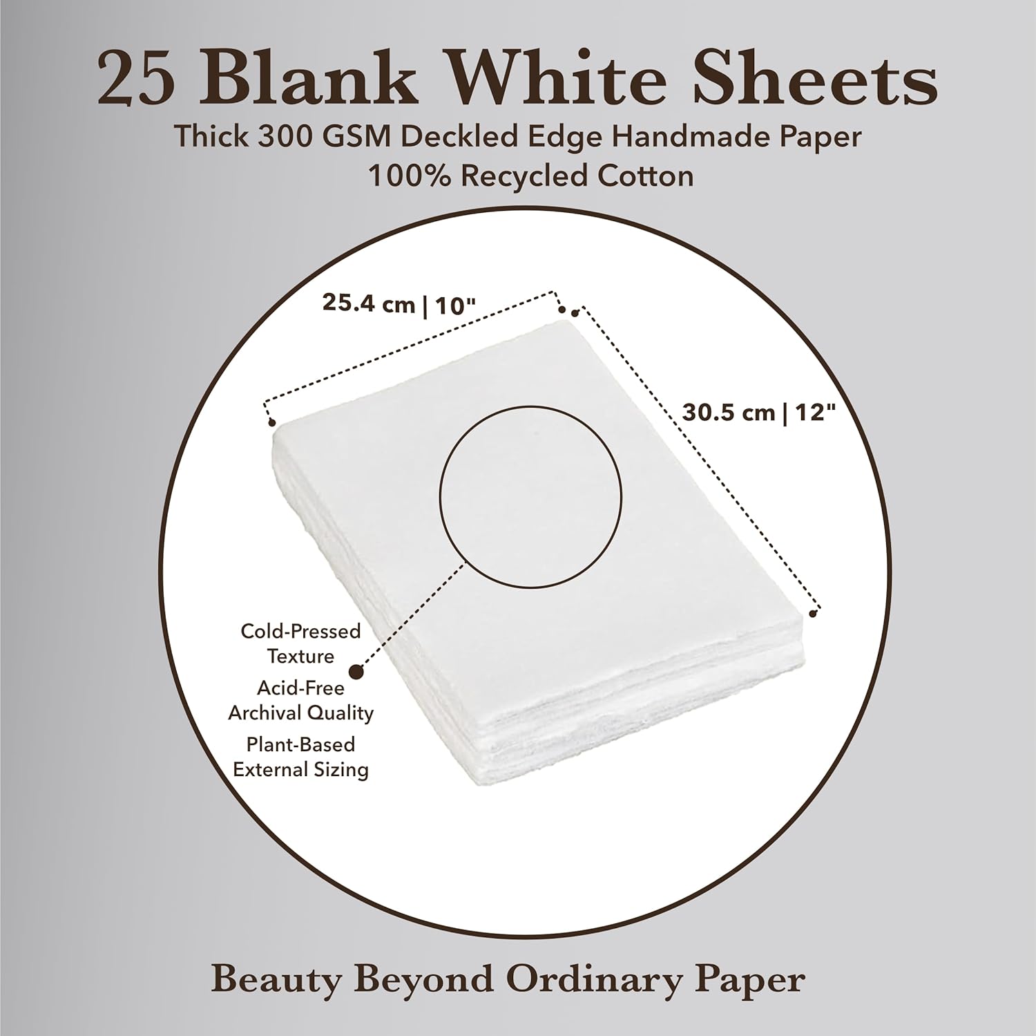 Wanderings Handmade White Deckle Edge Blank Paper - 10x12” - Recycled - Pack of 25 - Watercolour/Mixed Media Paper - Artwork Posters Signs Menus Invitations - Extra Thick 300 GSM - Large