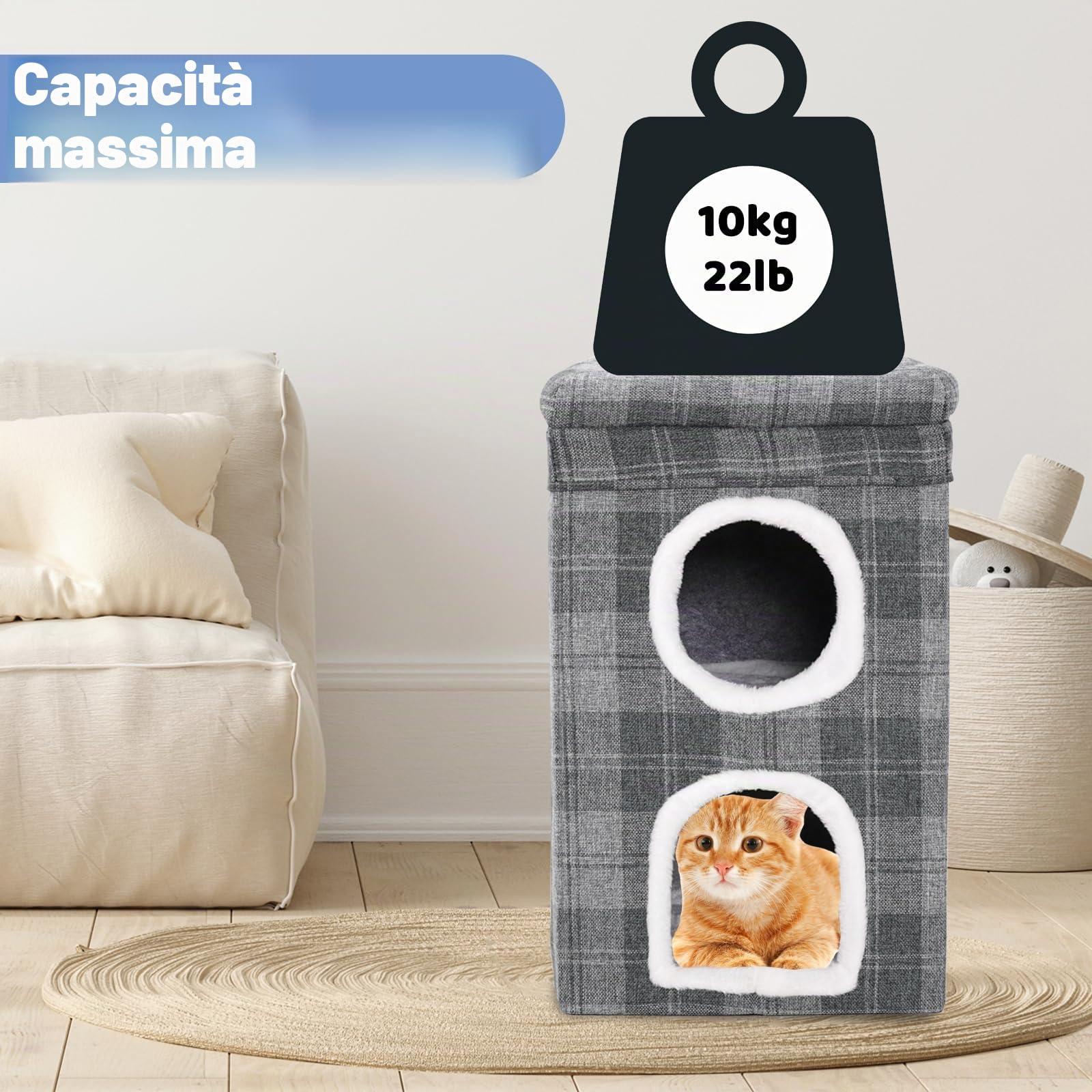Cuccia per Gatti da Interno, Letto a 3 Piani per Più Gatti, Nicchia Comoda per Animali Domestici, Struttura Stabile, Piega & Facile da Installare, Casetta Chiuso,Grigio,39×39×66cm