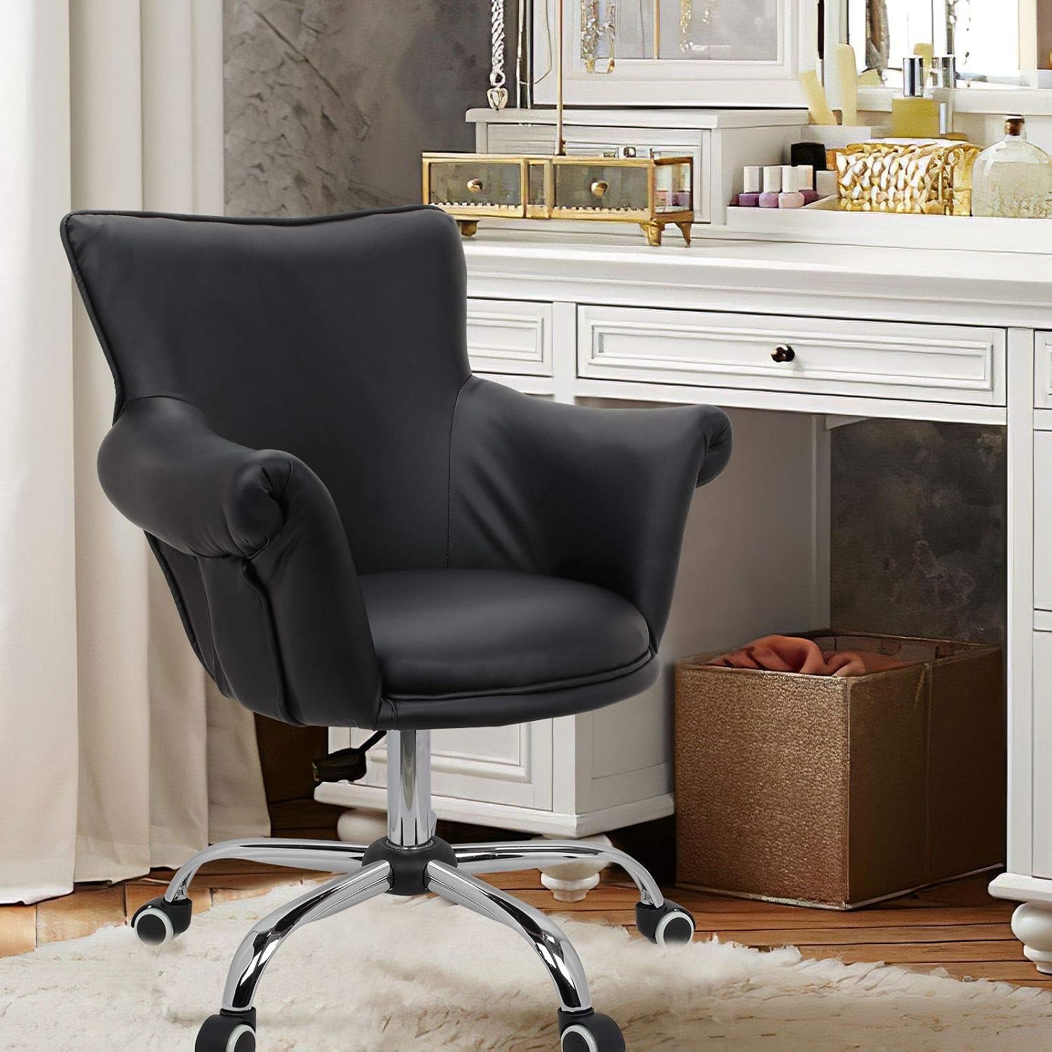 Magshion Vanity Chair Beauty Nail Salon Spa Vanity Seat Adjustable Height Home Office Tufting Desk Chair Bar Stool 360° Swivel Task Chair with 200 Lbs Capacity, Black