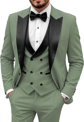 Wangyue Double Breasted Suit Men Mens Tuxedo Suit Set 3 Piece Wedding Tuxedos for Men Slim Fit Prom Suits Groom Tux