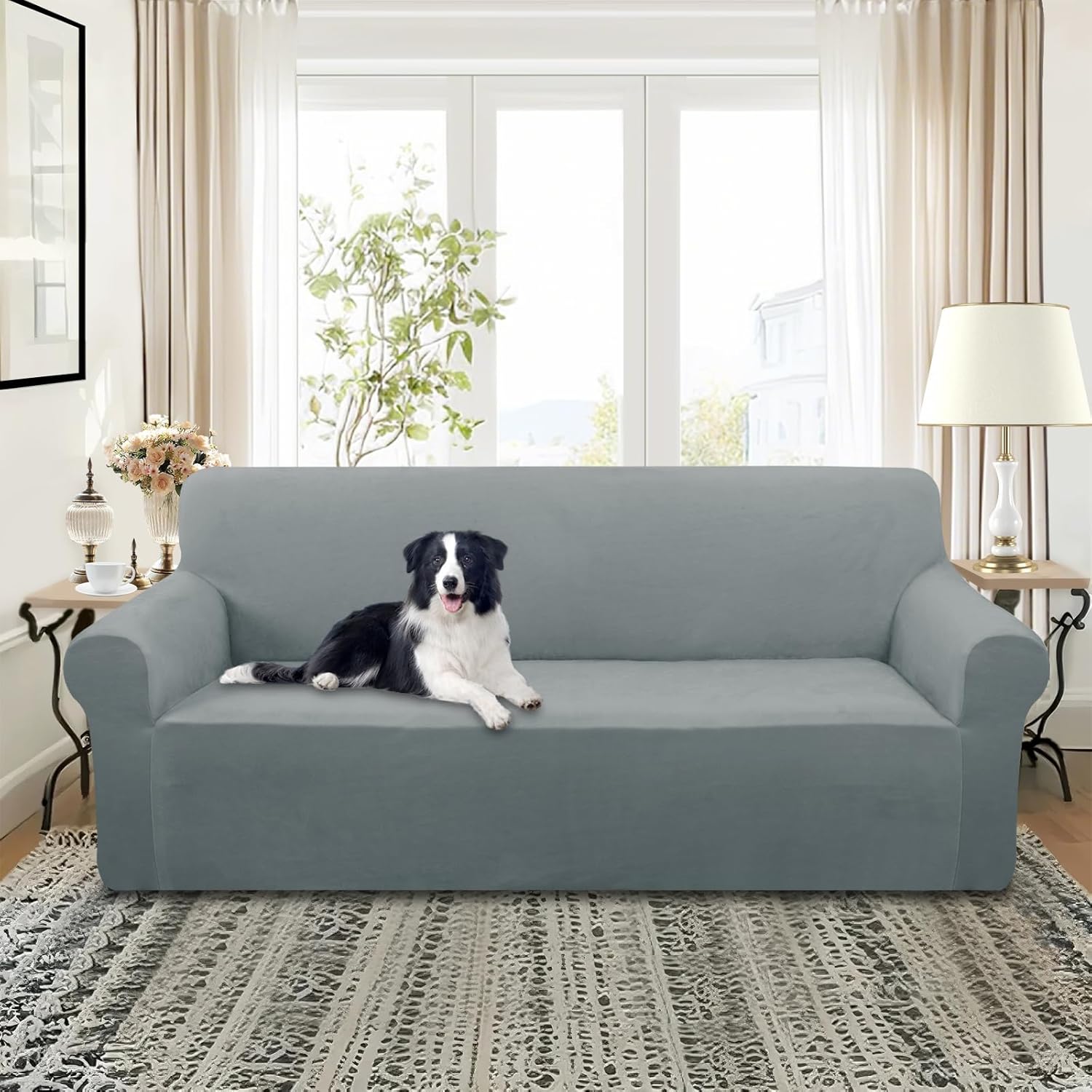 U-NICE HOME Velvet Sofa Covers Stretch Couch Covers for 3 Cushion Couch Furniture Protector Sofa Slipcover (XL Large, Light Grey)