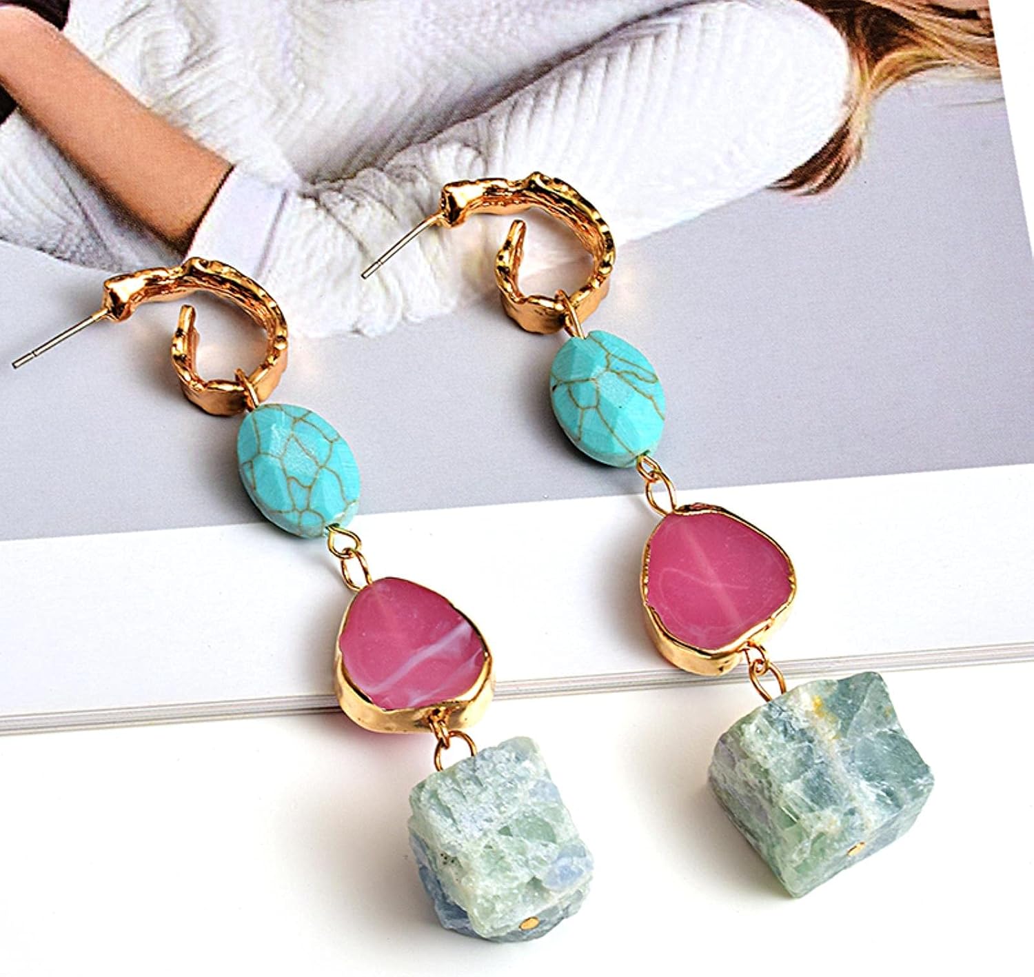 LOKILOKI New Colorful Long Irregular Natural Stone Earrings Handmade Drop Earring Fashion Jewelry Accessories for Women
