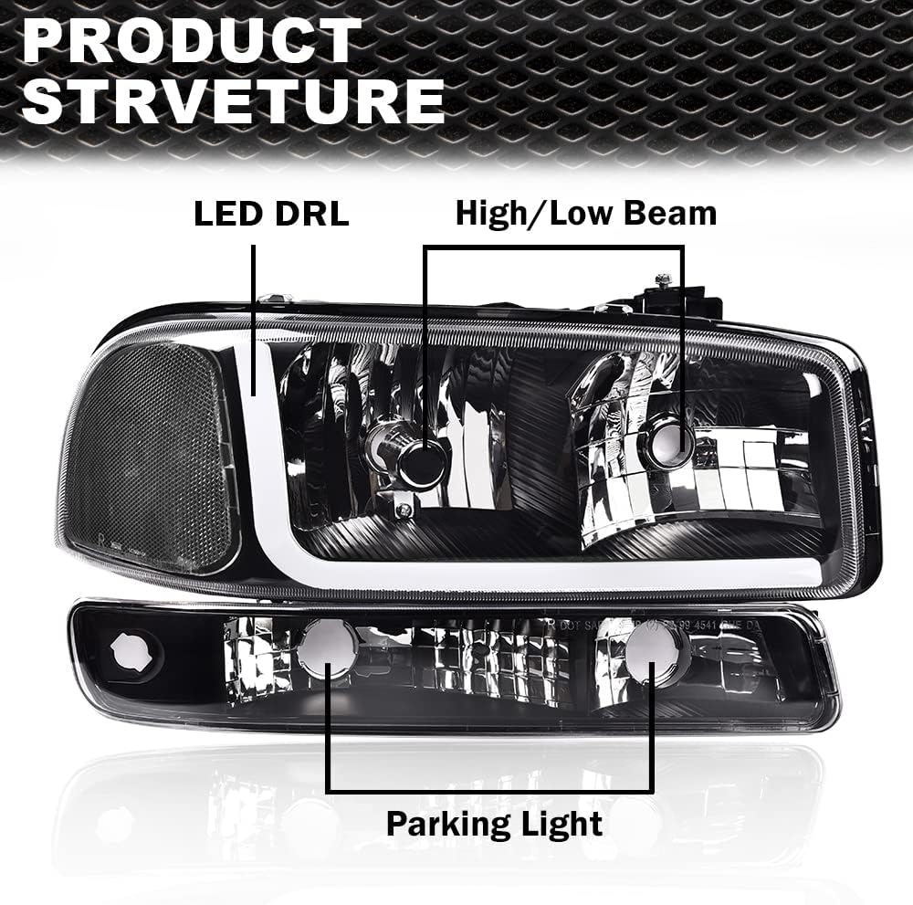 ANDPLAY LED DRL Headlights Assembly Headlamps Pair Compatible with GMC Sierra 1500 1999-2007/GMC Sierra 2500 1999-2004 Fit GMC Yukon 1999-2006 Clear lens Black Housing Clear Reflector 125103011