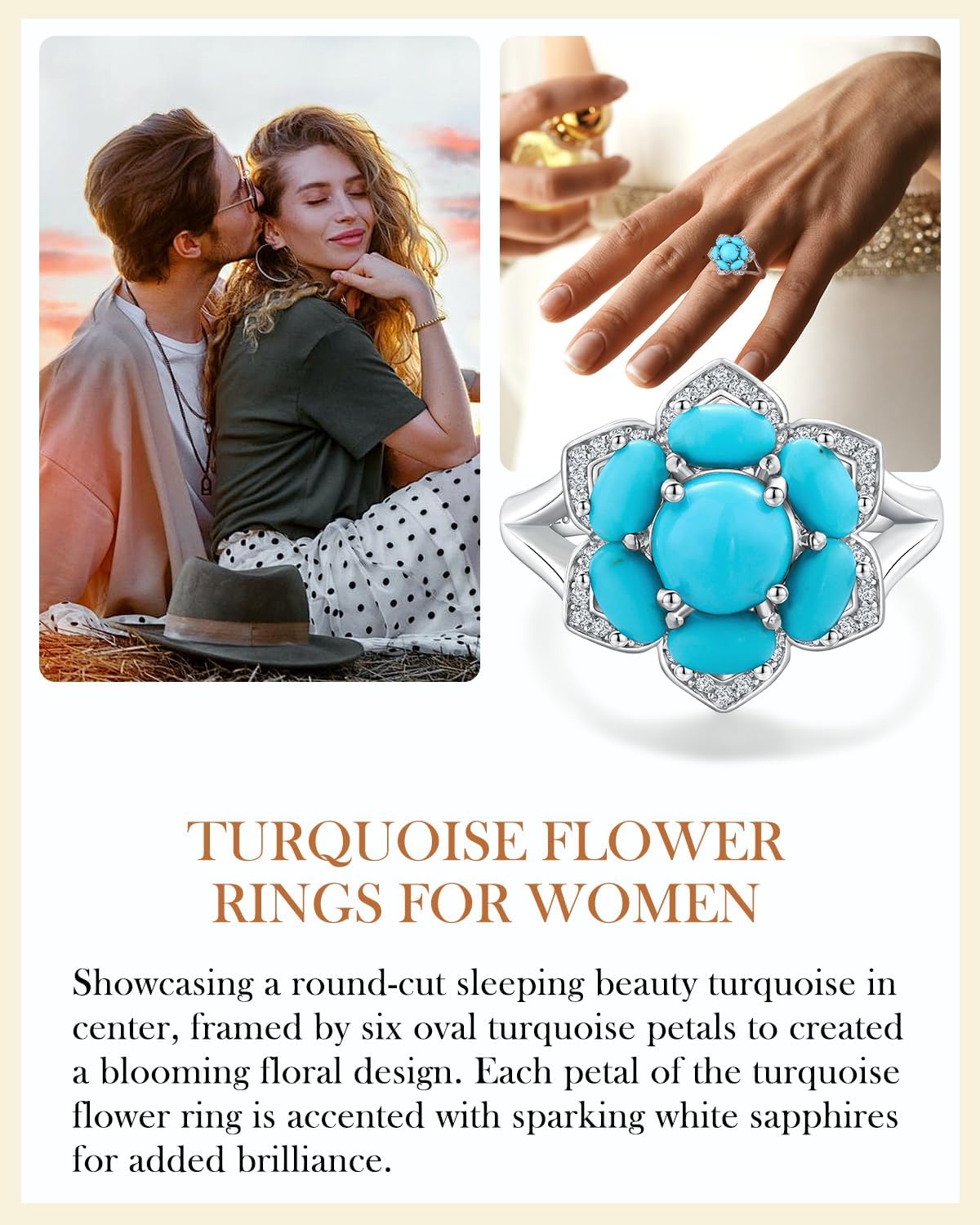AIBAO Turquoise/Lapis Lazuli/Malachite/Pearl Rings for Women Sterling Silver Six-leaf Clover and Flower Gemstone Engagement Ring Size 6 to 10 Anniversary Valentines Christmas Gift